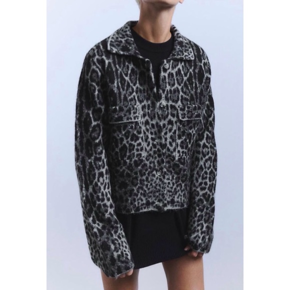 Zara Jackets & Blazers - Zara Animal Jacquard Knit Jacket Grey Black